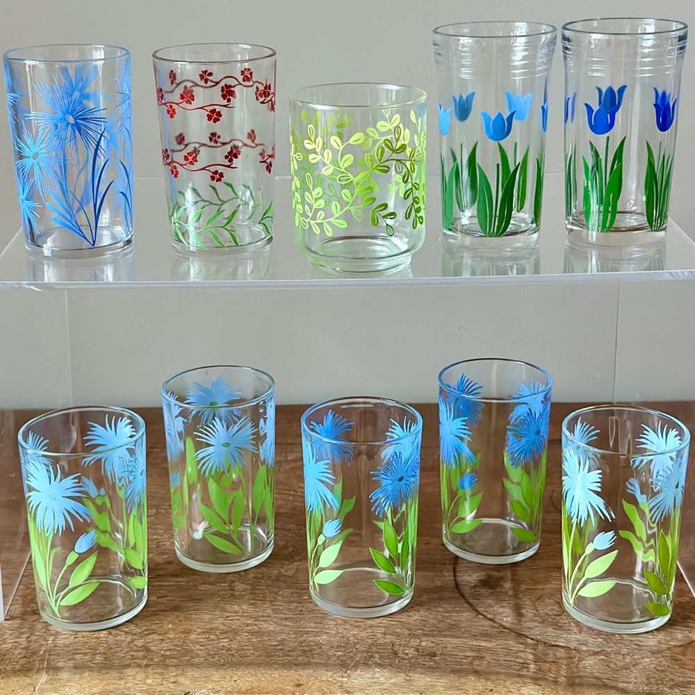 Vintage Kraft "Swanky Swig" Juice Glasses Blue Cornflower Pattern MCM Set of 5 - Picture 10 of 10